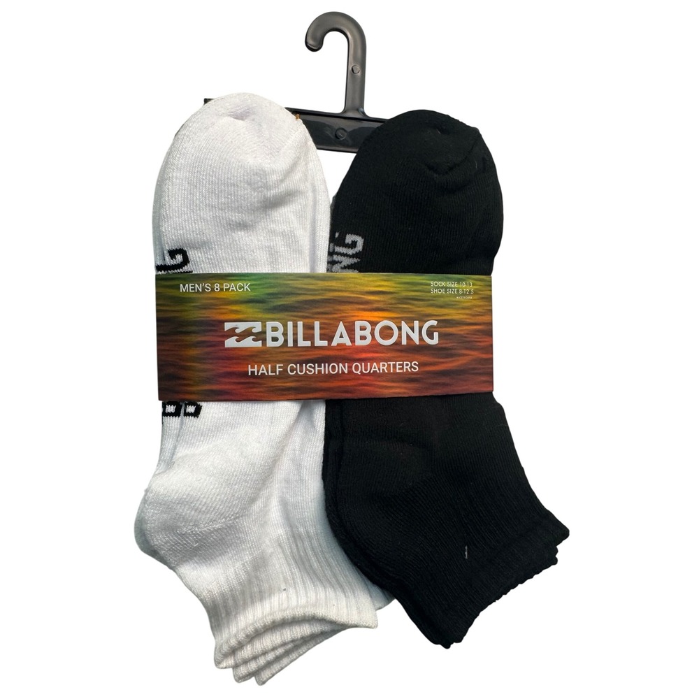 Billabong Mens 8 Pack Half Cushion Quarter Socks Black White Grey